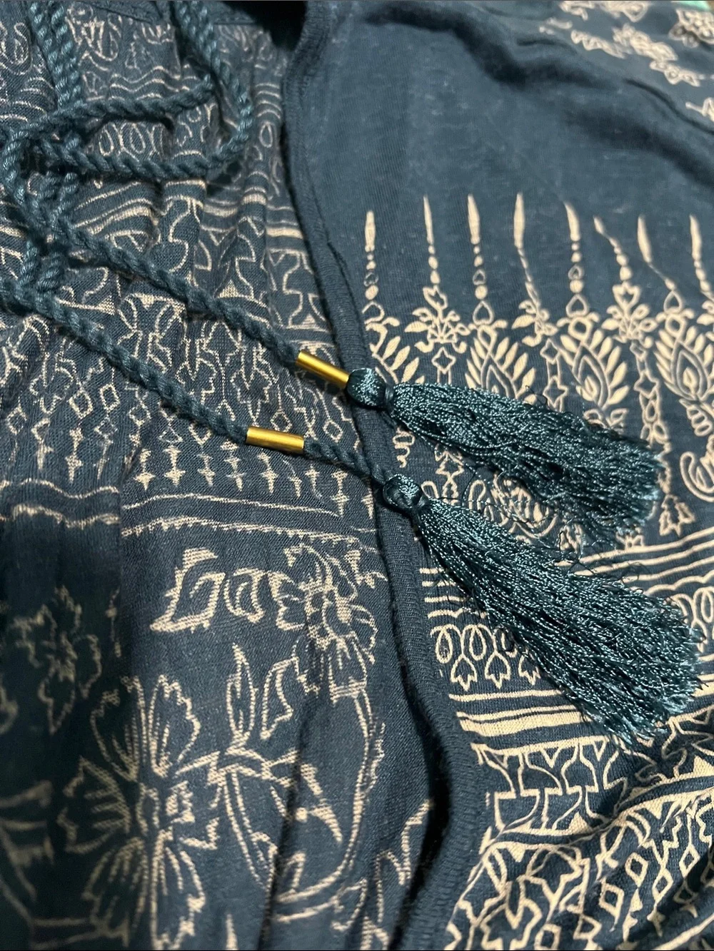 Free People Printed Blue Warrior Long Sleeve Open Back Top NWT XS